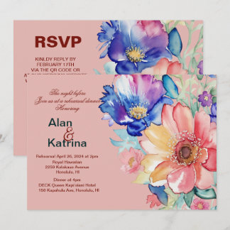 Bold Floral Coral Pink Rehearsal Dinner Einladung
