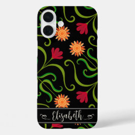 Bold Floral Damask Sonnenblume Boho Schwarzes Volk iPhone 16 Plus Hülle