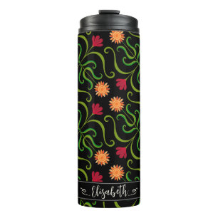 Bold Floral Damask Sonnenblume Boho Schwarzes Volk Thermosbecher