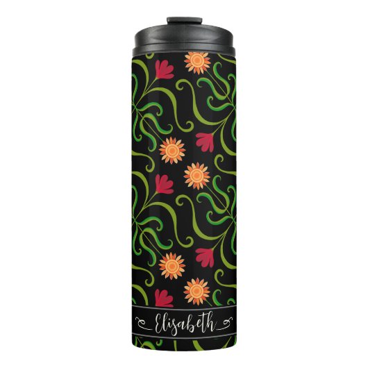Bold Floral Damask Sonnenblume Boho Schwarzes Volk Thermosbecher (Vorderseite)