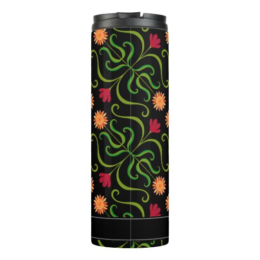 Bold Floral Damask Sonnenblume Boho Schwarzes Volk Thermosbecher (Rückseite)