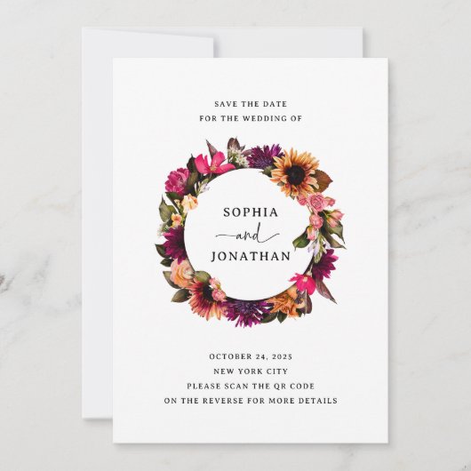 Bold Floral | Farblich und elegant mit QR-Code Save The Date (Vorderseite)