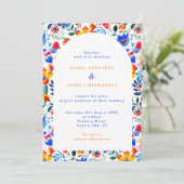 Bold Floral Folk Fiesta Wedding Einladung (Stehend Vorderseite)
