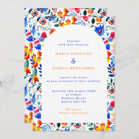 Bold Floral Folk Fiesta Wedding Einladung (Vorne/Hinten)