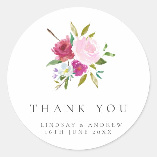 Bold Floral Watercolor Wedding Danke Runder Aufkleber (Vorderseite)