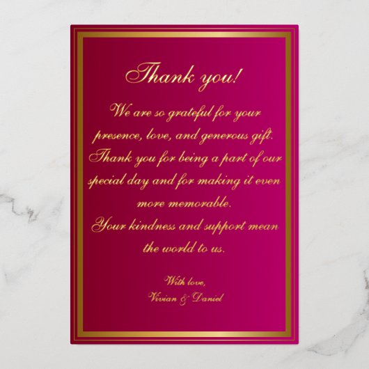 Bold Fuchsia und Gold Wedding Dankeschön Card Folieneinladung (Vorderseite)