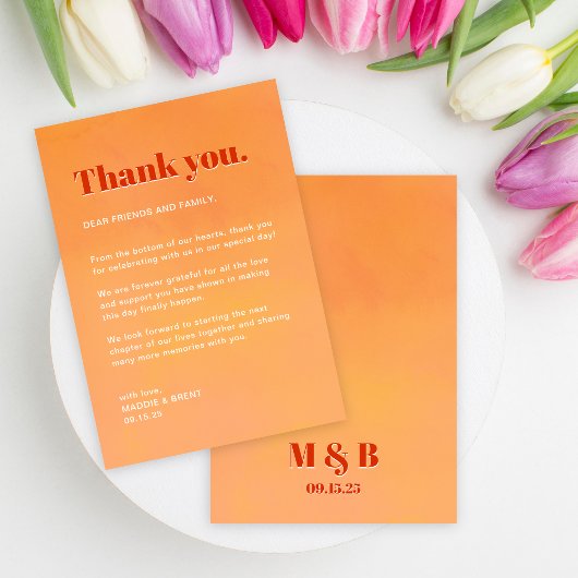 Bold Fun Modern Orange Sunset Monogram Wedding Dankeskarte