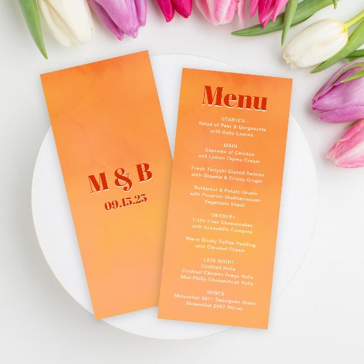 Bold Fun Modern Orange Sunset Monogram Wedding Menükarte