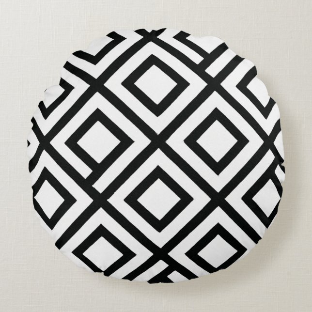 Bold Geometric Diamond Schwarz-weißes Muster Rundes Kissen (Vorderseite)