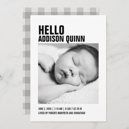 Bold Gingham Kariert Baby Foto Geburtserklärung Ankündigung (Vorne/Hinten)