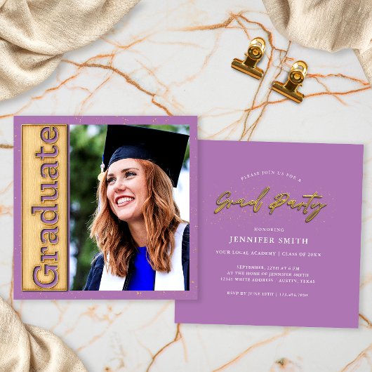 Bold Gold Lavender Foto Abschluss Graduate Party Einladung