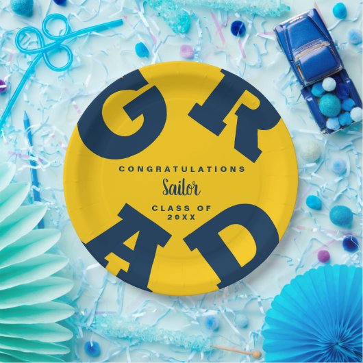 Bold GRAD Blue auf Mais Yellow Abschluss Pappteller (Party)