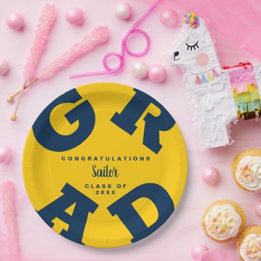 Bold GRAD Blue auf Mais Yellow Abschluss Pappteller (Party)