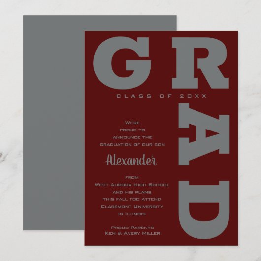 Bold GRAD Gray auf Dark Maroon Abschluss Ankündigung (Vorne/Hinten)
