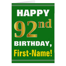 Bold, Green, Faux Gold 92nd Birthday w/ Name Card