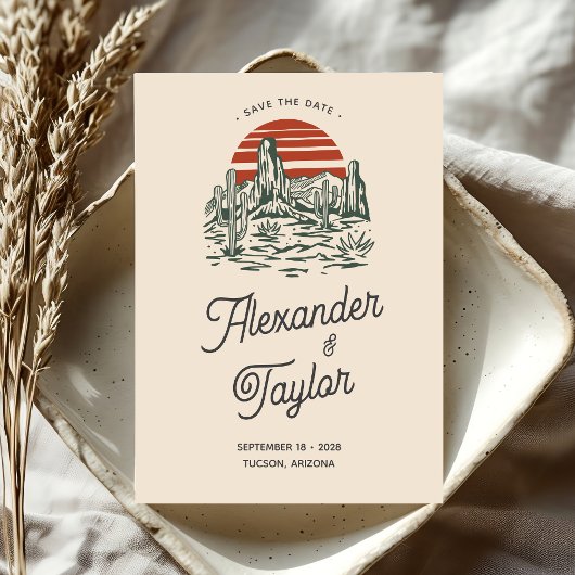 Bold Green Retro Saguaro Cactus Wüste Wedding Save The Date