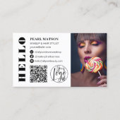 Bold hallo white chic Qr Foto Logo Social Media Visitenkarte (Vorderseite)