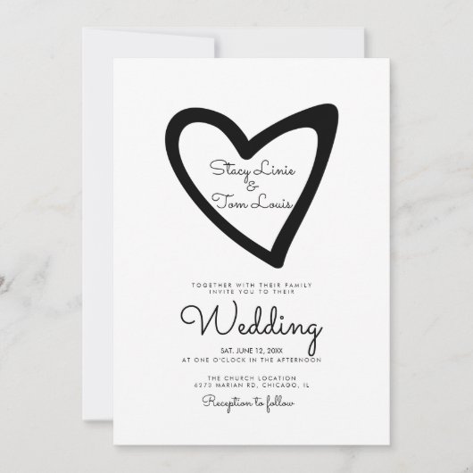 Bold Heart Slanted Gezeichnet Black Wedding Einlad Einladung (Vorderseite)