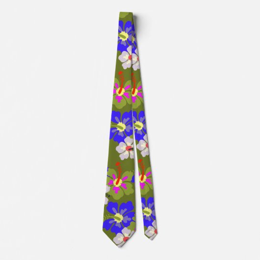 Bold Hibisken Pattern Army Green Wedding Krawatte (Vorderseite)