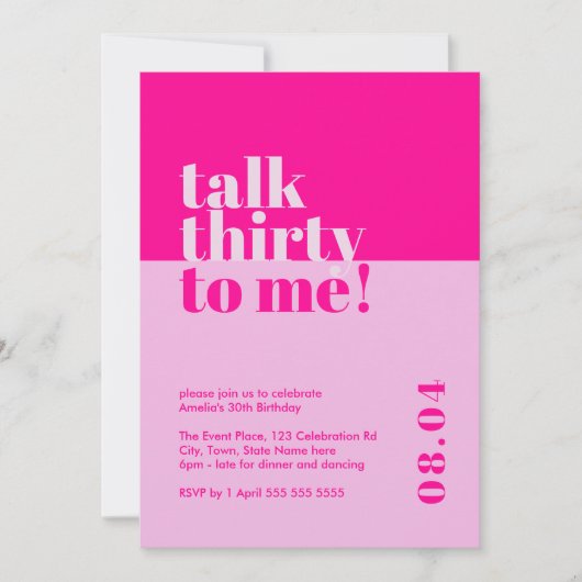 Bold Hot Pink 'Talk Thirty to Me' 30. Geburtstag Einladung (Vorderseite)