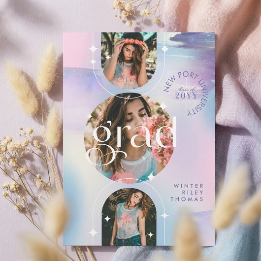 Bold Iridescent Watercolor Photo Grad Announcement Einladung