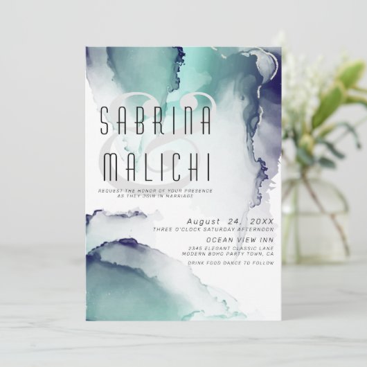 Bold Jade and Navy Blue Modern Fluid Ink Einladung (Stehend Vorderseite)