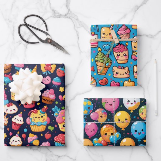 Bold Kawaii Birthday Pattern Geschenkpapier Set (Vorderseite)