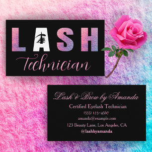 Bold Lilac Pink Lash Tech Design Black Background Visitenkarte