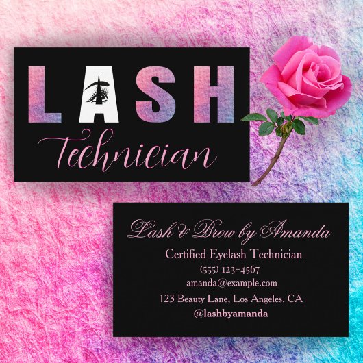 Bold Lilac Pink Lash Tech Design Black Background Visitenkarte