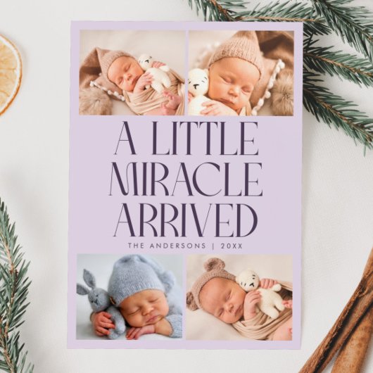 Bold Little Miracle Xmas Purple Photo Birth Ankündigung