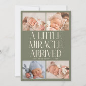 Bold Little Miracle Xmas Sage Green Photo Birth Ankündigung (Vorderseite)