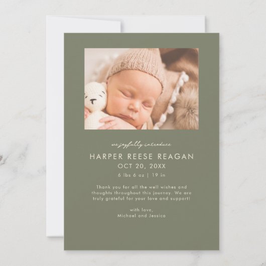 Bold Little Miracle Xmas Sage Green Photo Birth Ankündigung (Rückseite)