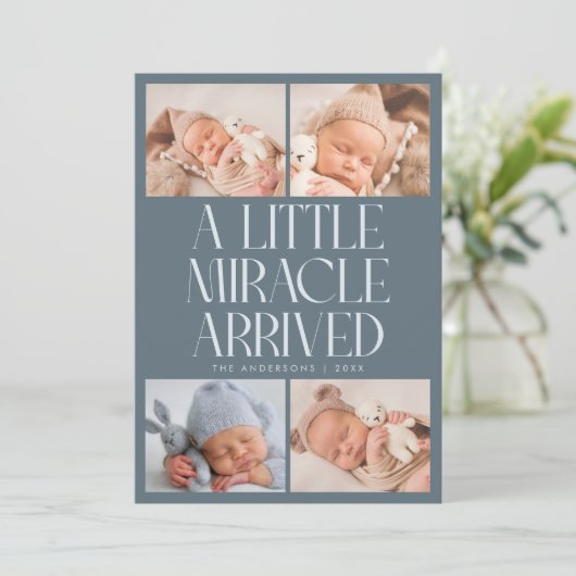 Bold Little Miracle Xmas Slate Blue Photo Birth Ankündigung (Stehend Vorderseite)