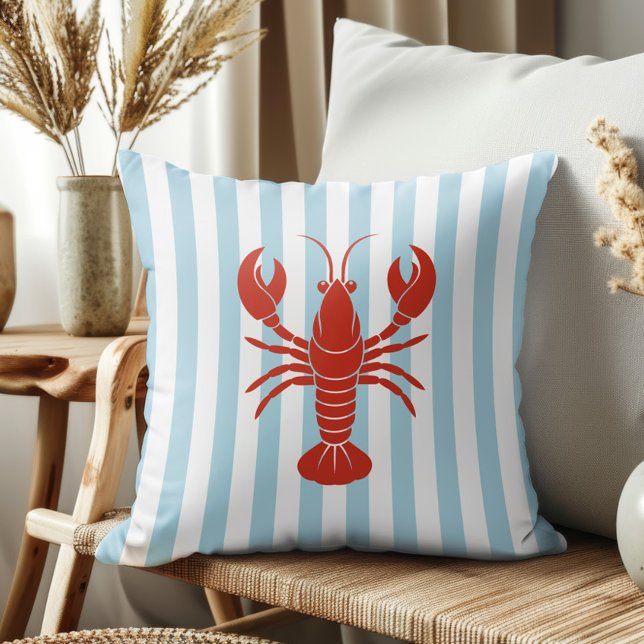 Bold Lobster and Blue Stripes Ocean Beach Decor Kissen (Von Creator hochgeladen)