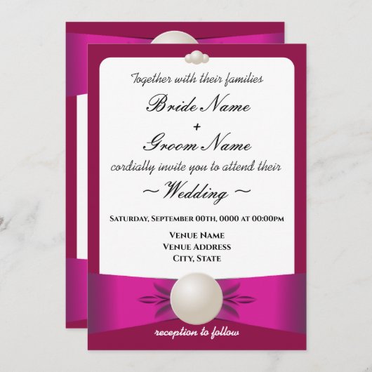 Bold Magenta Pearl Ribbon Wedding & Empfang Einladung (Vorne/Hinten)