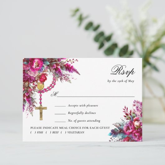 Bold Magenta Rosary Katholic Wedding Response Card RSVP Karte (Stehend Vorderseite)