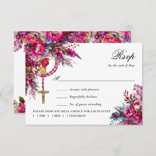 Bold Magenta Rosary Katholic Wedding Response Card RSVP Karte (Vorne/Hinten)