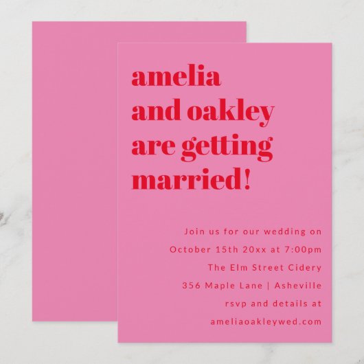 Bold Minimalist Pink Red Retro Wedding Website Einladung (Vorne/Hinten)