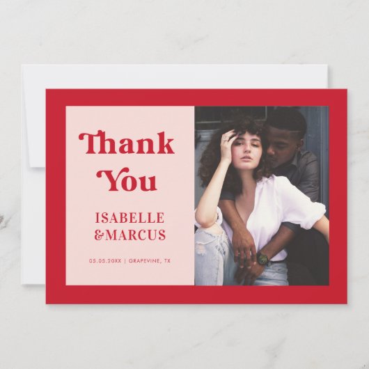 Bold & Minimalistisch Retro Script Red & Pink Wedd Dankeskarte (Vorderseite)
