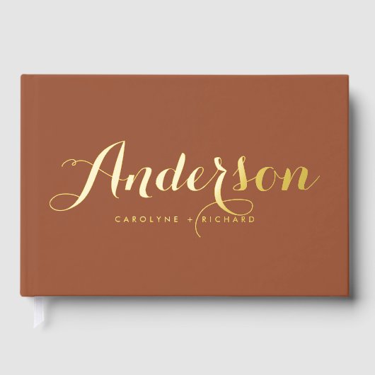 Bold Modern Calligraphy Terracotta Foto Wedding Gästebuch (Vorderseite)