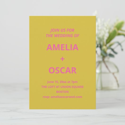 Bold Modern Chartreuse Pink Yellow Wedding Einladung (Stehend Vorderseite)