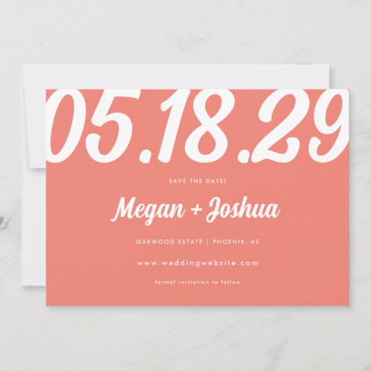 Bold Modern Coral Pink Wedding Foto Save The Date (Vorderseite)