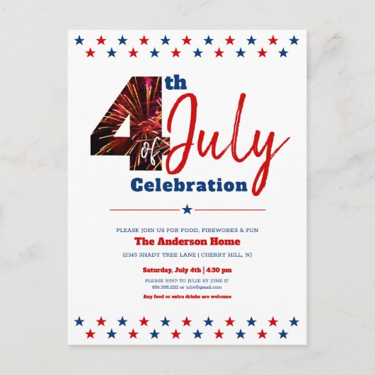 Bold Modern Fireworks 4. Juli USA Patriotic Einladungspostkarte (Vorderseite)