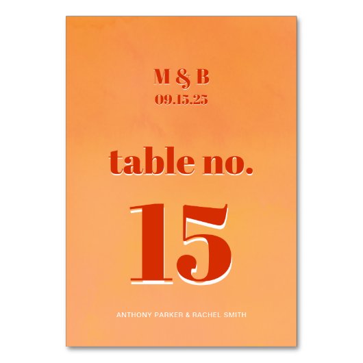Bold Modern Orange Sunset Monogram Wedding Seat Tischnummer (Vorderseite)