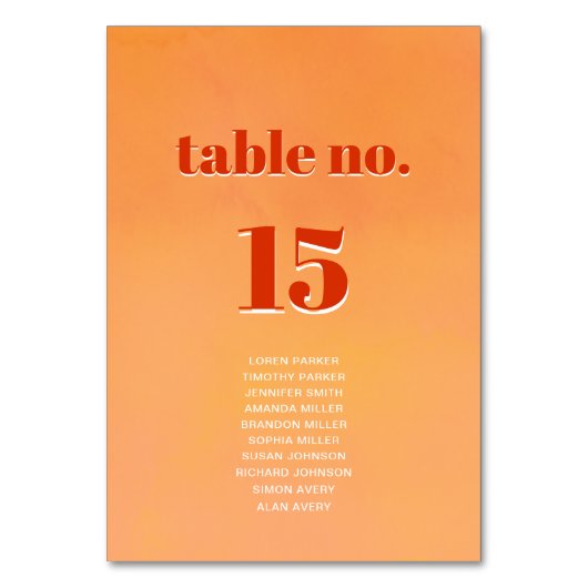 Bold Modern Orange Sunset Seating Chart Wedding Tischnummer (Rückseite)