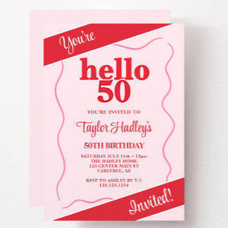 Bold Modern Pink Red 50. Geburtstag Einladung