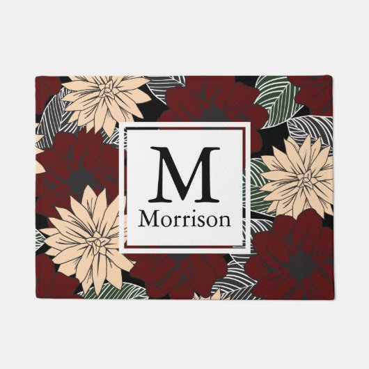 Bold Modern Red Tan Floral Blooms Mit Monogramm Fußmatte (Vorderseite)