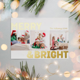 Bold Modern Three Foto Merry and Bright Gold Folien Feiertagskarte