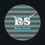 Bold Monogram & Name, Lt. Teal Lines on Dark Grey Runde Wanduhr<br><div class="desc">Personalize bold white monogram on light teal lines on dark grey background.</div>