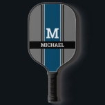 Bold Monogram & Name Ocean Blue Grey Black Stripes Pickleball Schläger<br><div class="desc">Personalize your monogram and name in white bold text on ocean blue, grey and black stripes.</div>